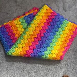 Handmade Crochet Afghan Approx 101"x41" Rainbow Scallop Edges